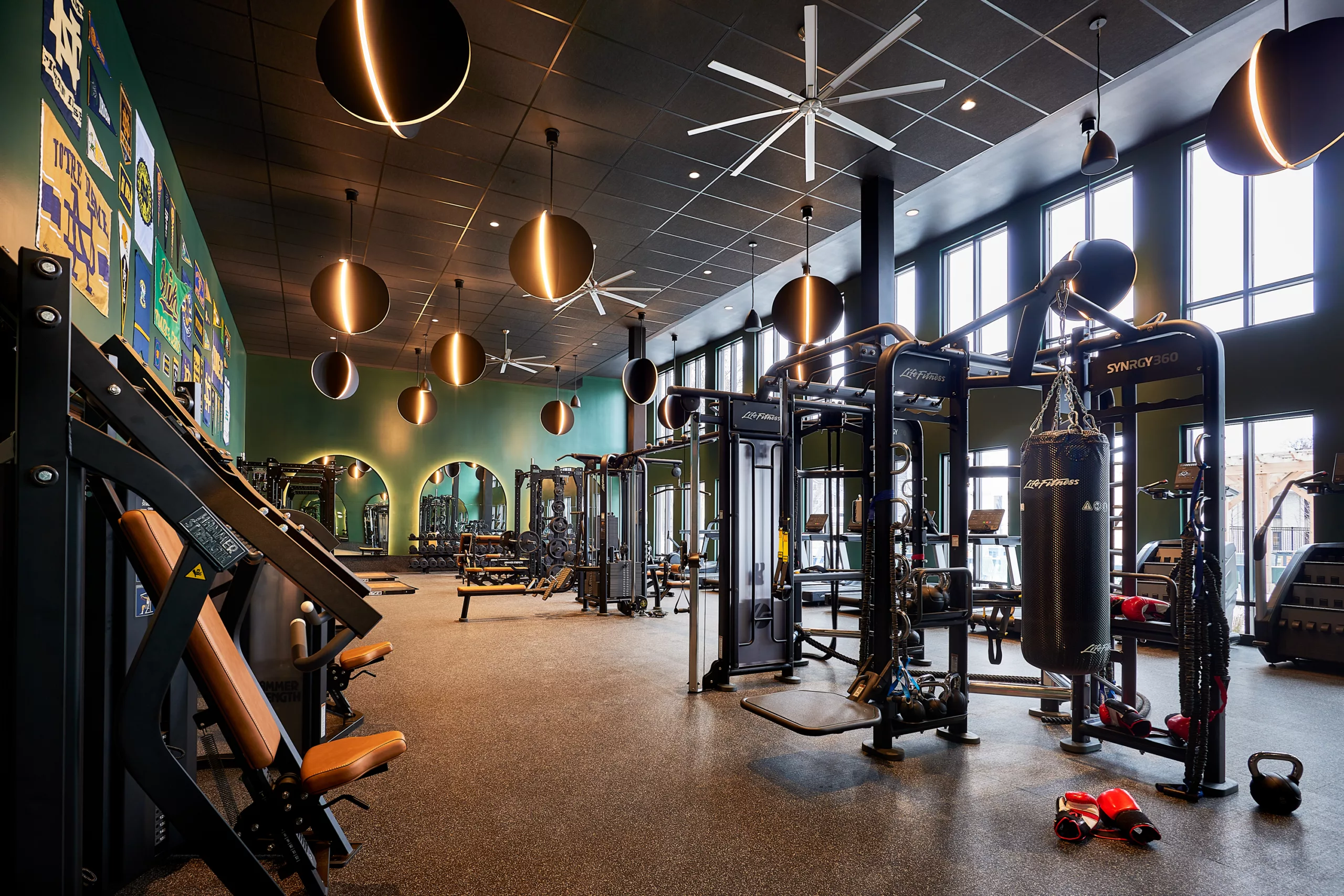Spacious fitness center with strength training equipment