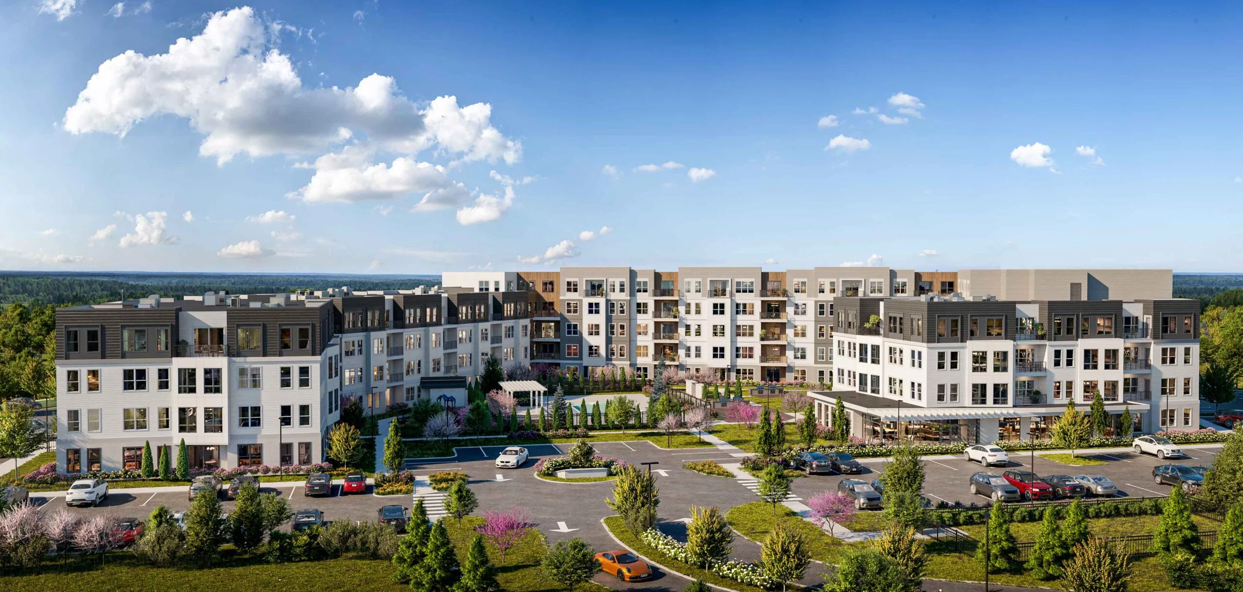 A rendering of a sprawling, garden-style apartment complex with white and gray facades, pitched roofs, a central courtyard, and surface parking surrounded by green space.