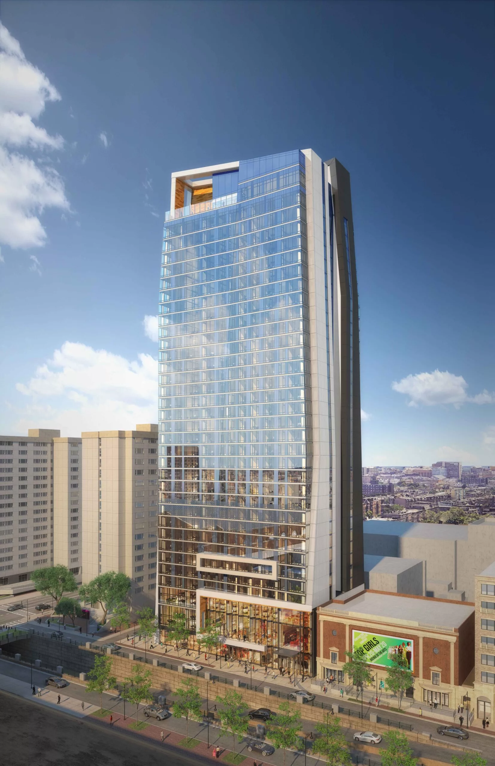 Tall glass residential skyscraper with balconies and rooftop amenities, rising above a modern podium structure