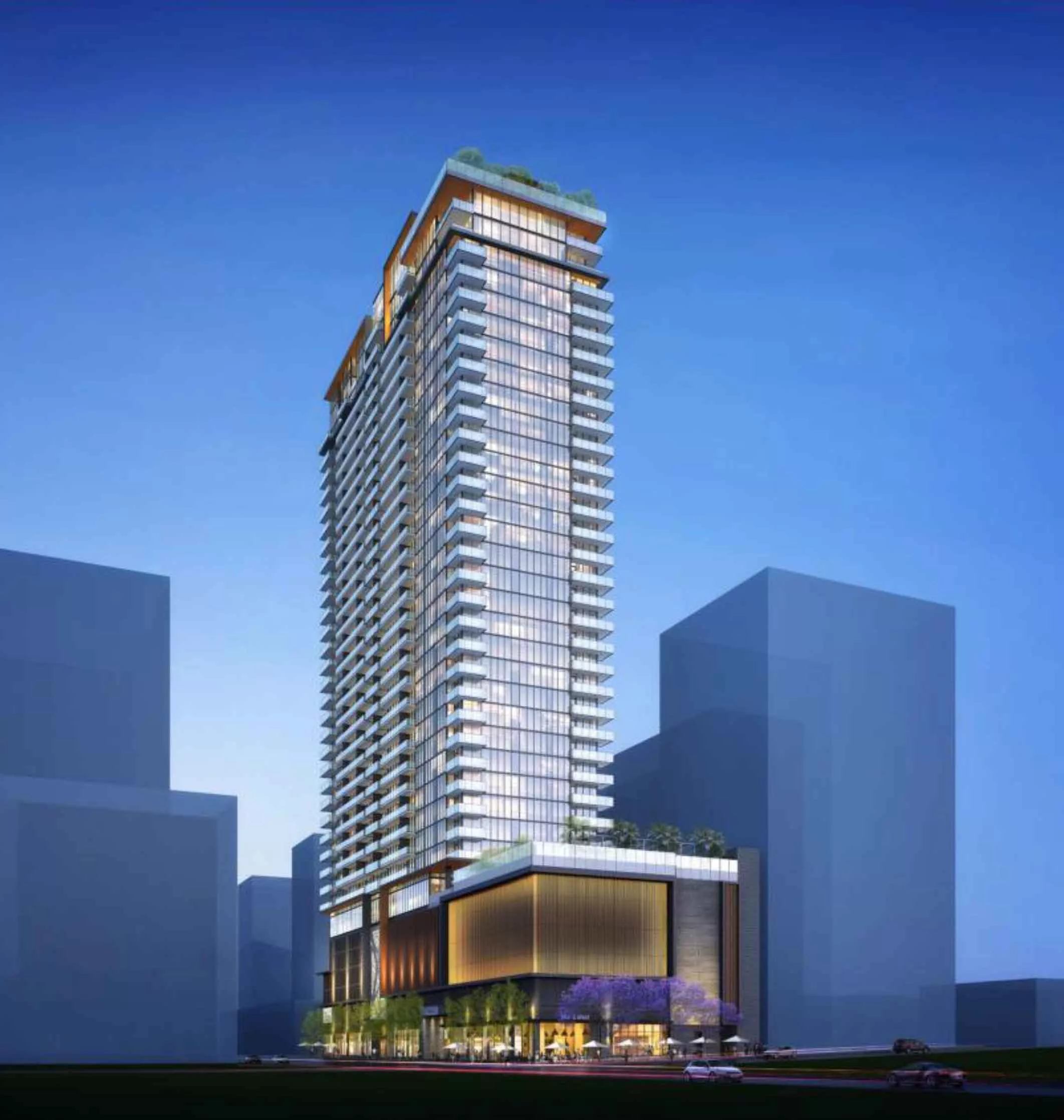 Tall glass residential skyscraper with balconies and rooftop amenities, rising above a modern podium structure