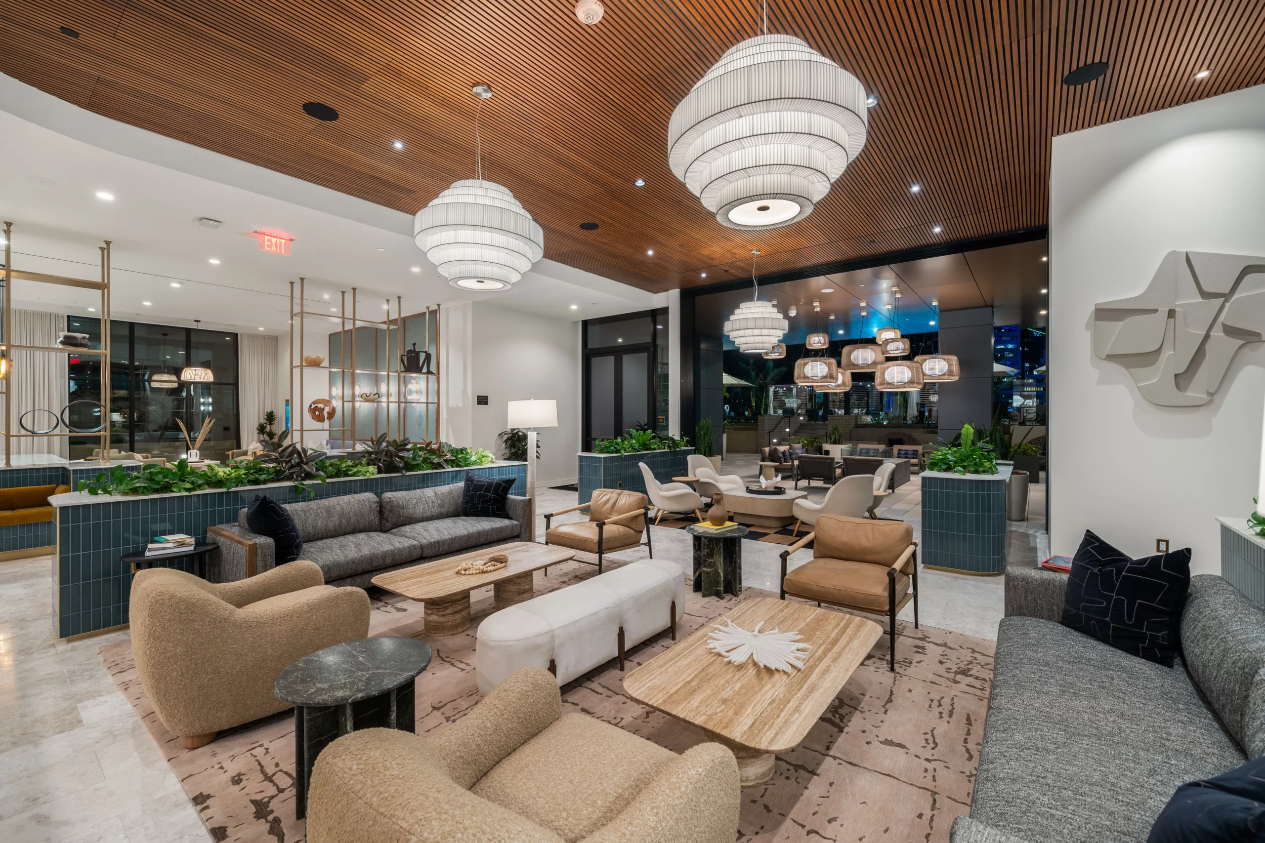 Stylish lounge with modern furniture and wood ceiling