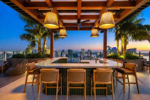 Rooftop bar area with seating and panoramic city views