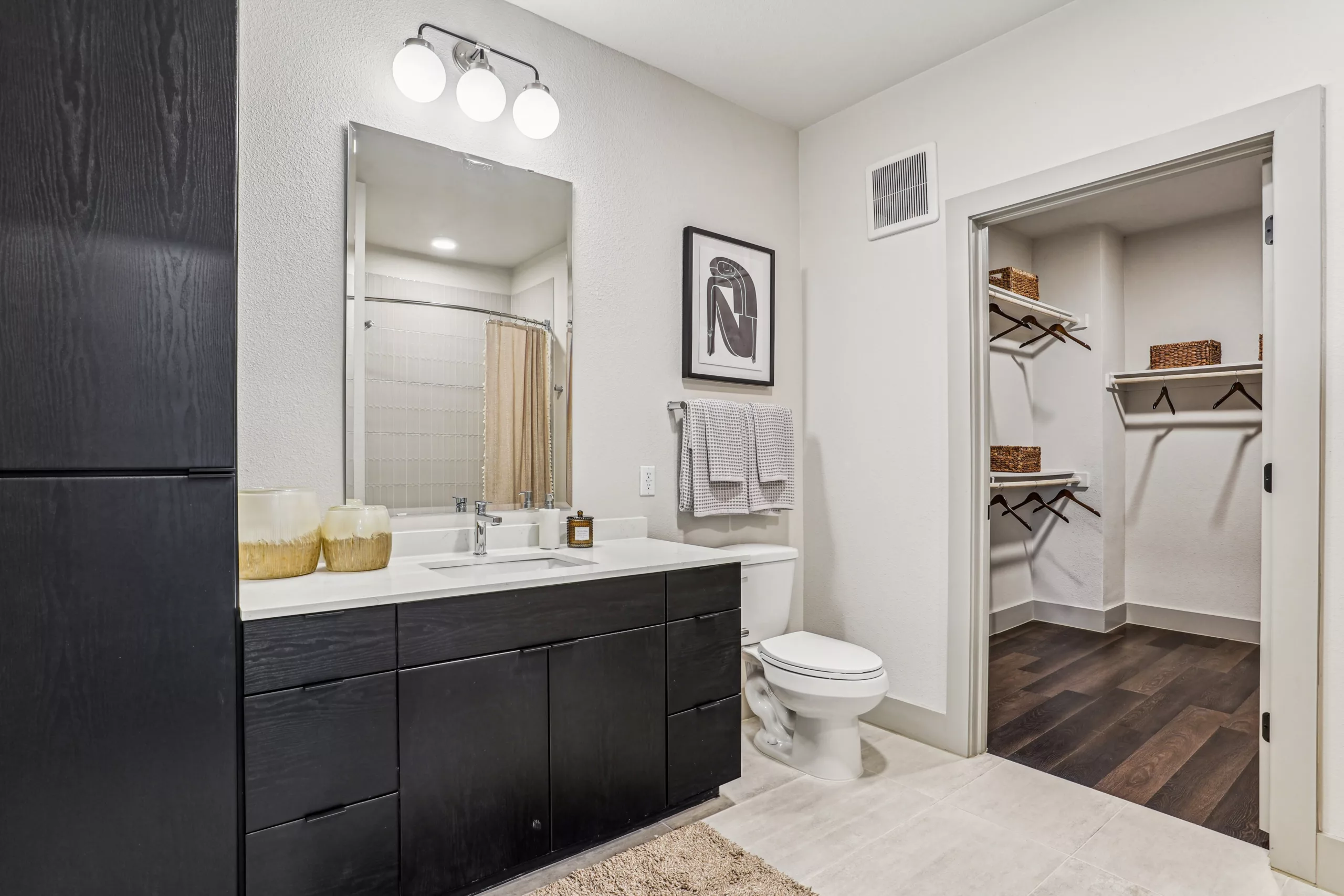Bathroom with dark vanity, toilet, and walk-in closet