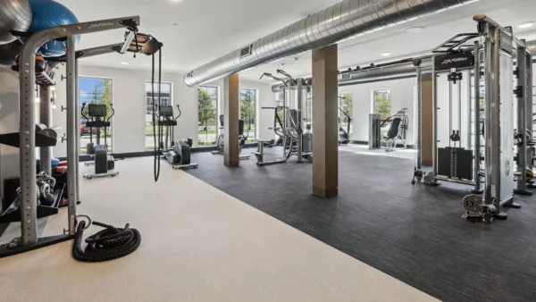 Gym with cardio and strength machines, large windows, and rubber flooring