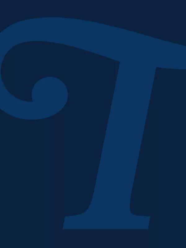 Large dark blue serif letter “T” on a navy blue background.