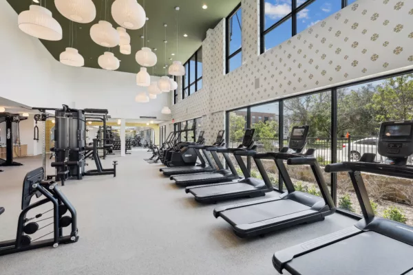 Fitness center with treadmills and strength equipment near tall windows