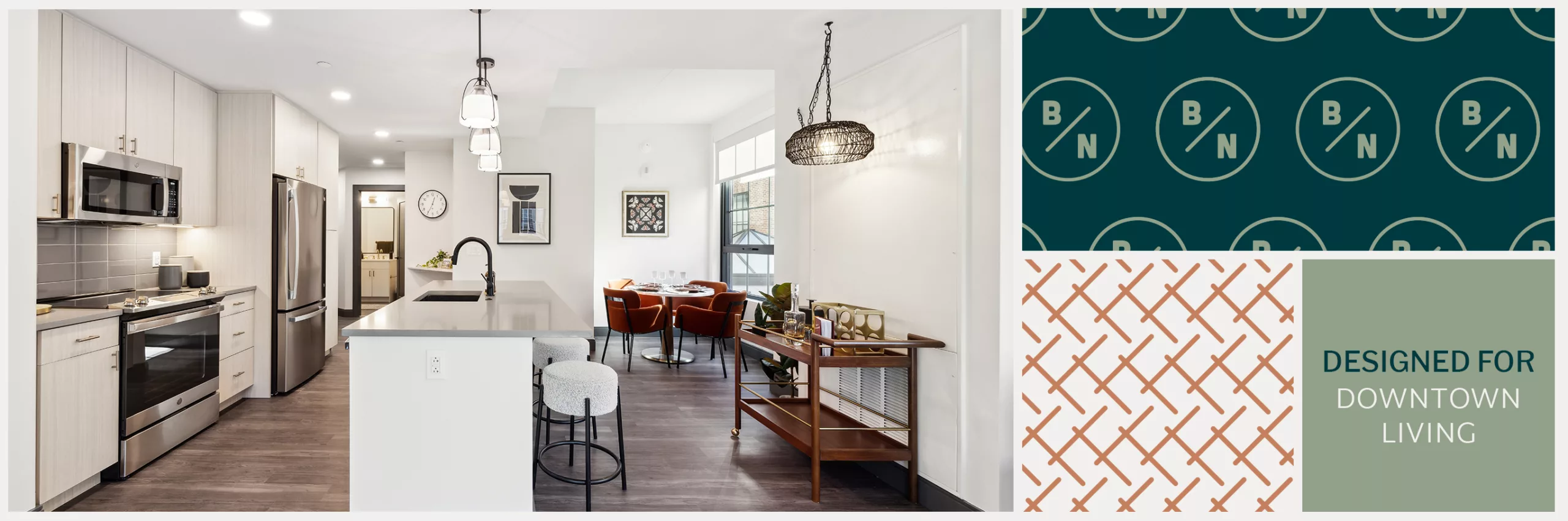 Modern kitchen and dining area with bar stools and contemporary lighting.
