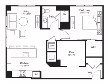 Rendering of the 1 Bed/1 Bath Den PH-A1D floor plan with 1 bedroom[s] and 1 bathroom[s] at Broad + Noble