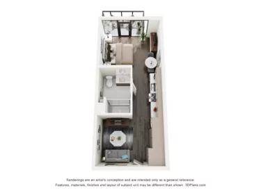 Rendering of the S1 floor plan with a Studio bedroom and 1 bathroom[s] at The Lindley