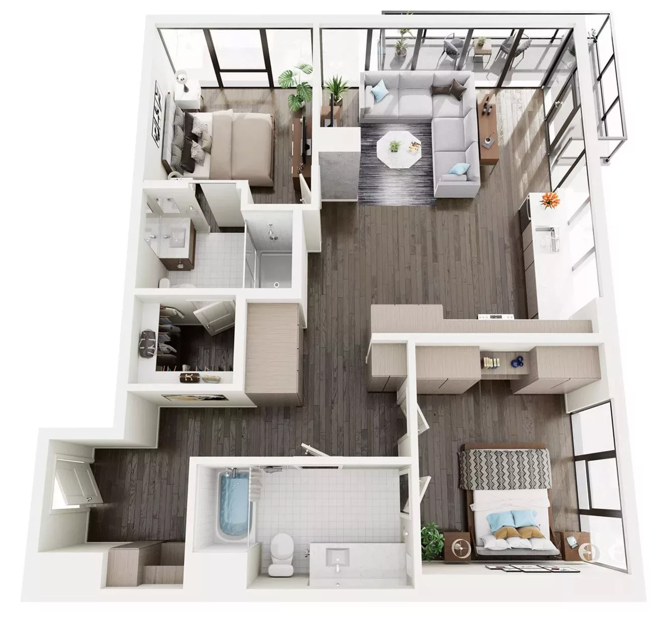 3D floor plan with two bedrooms, two bathrooms, and an open living-kitchen area.