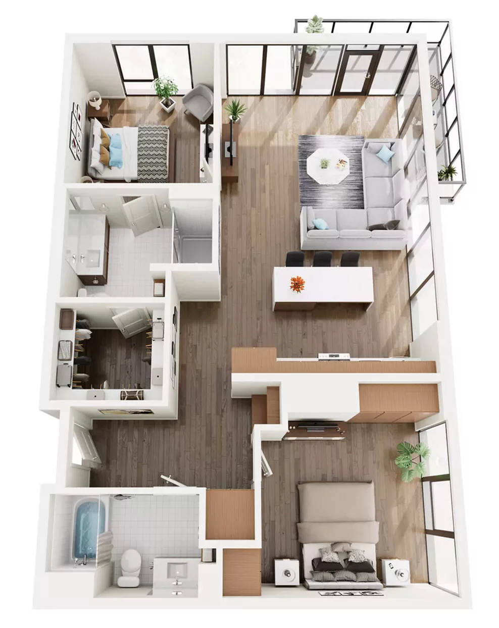 3D floor plan with two bedrooms, two bathrooms, and corner balcony access.