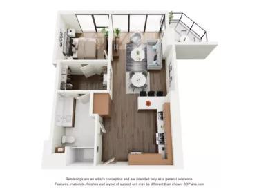 Rendering of the A4 floor plan with 1 bedroom[s] and 1 bathroom[s] at The Lindley