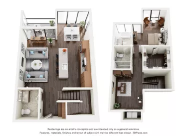 Rendering of the A1DTH floor plan with 1 bedroom[s] and 1 bathroom[s] at The Lindley