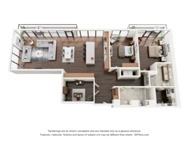 Rendering of the B1DPH floor plan with 2 bedroom[s] and 2 bathroom[s] at The Lindley