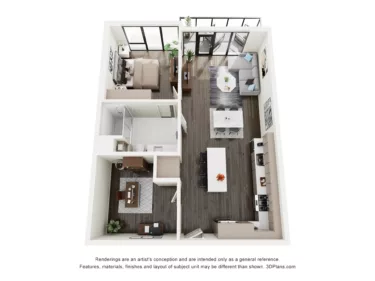 Rendering of the A2D floor plan with 1 bedroom[s] and 1 bathroom[s] at The Lindley