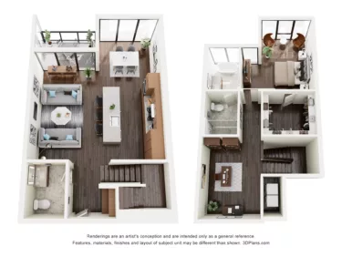 Rendering of the A2DTH floor plan with 1 bedroom[s] and 1 bathroom[s] at The Lindley