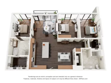 Rendering of the C1PH floor plan with 3 bedroom[s] and 2 bathroom[s] at The Lindley