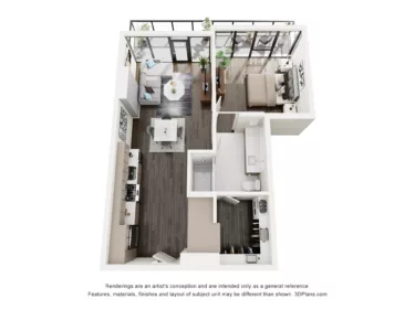 Rendering of the A3 floor plan with 1 bedroom[s] and 1 bathroom[s] at The Lindley