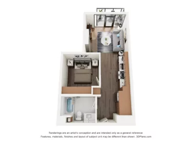 Rendering of the S1D floor plan with a Studio bedroom and 1 bathroom[s] at The Lindley