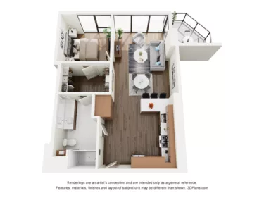 Rendering of the A4 floor plan with 1 bedroom[s] and 1 bathroom[s] at The Lindley
