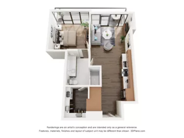 Rendering of the A2 floor plan with 1 bedroom[s] and 1 bathroom[s] at The Lindley