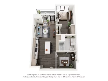 Rendering of the A1D floor plan with 1 bedroom[s] and 1 bathroom[s] at The Lindley