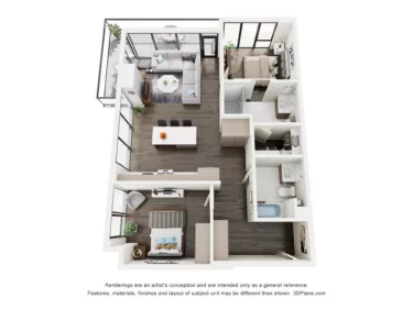 Rendering of the B2 floor plan with 2 bedroom[s] and 2 bathroom[s] at The Lindley