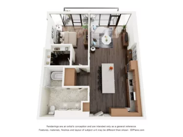 Rendering of the A1PH floor plan with 1 bedroom[s] and 1 bathroom[s] at The Lindley