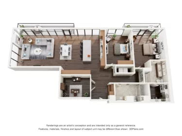 Rendering of the B1DPH floor plan with 2 bedroom[s] and 2 bathroom[s] at The Lindley