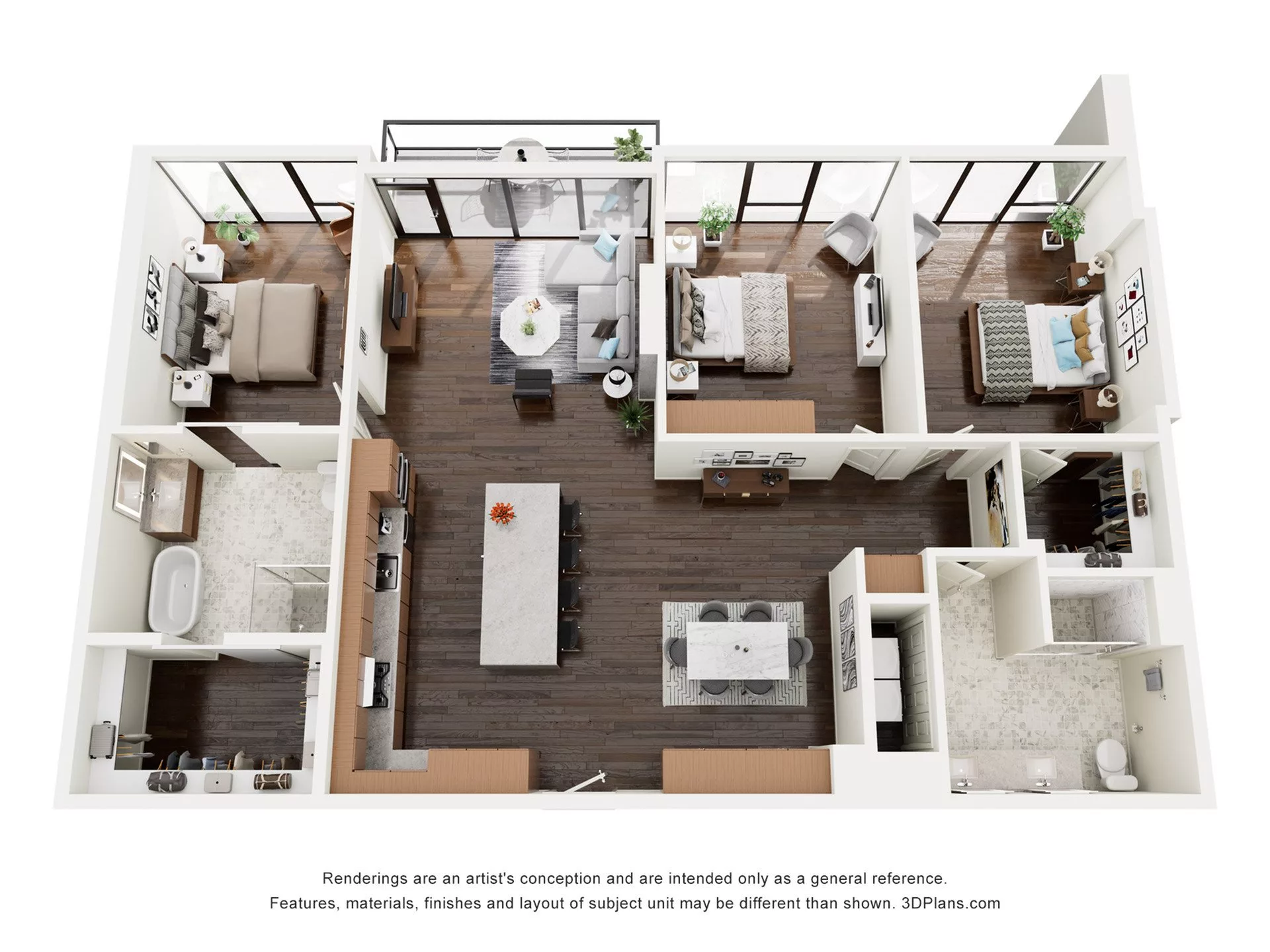 Rendering of the C1PH floor plan with 3 bedroom[s] and 2 bathroom[s] at The Lindley