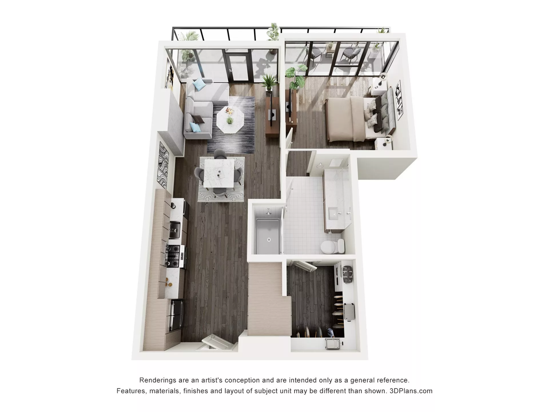 Rendering of the A3 floor plan with 1 bedroom[s] and 1 bathroom[s] at The Lindley