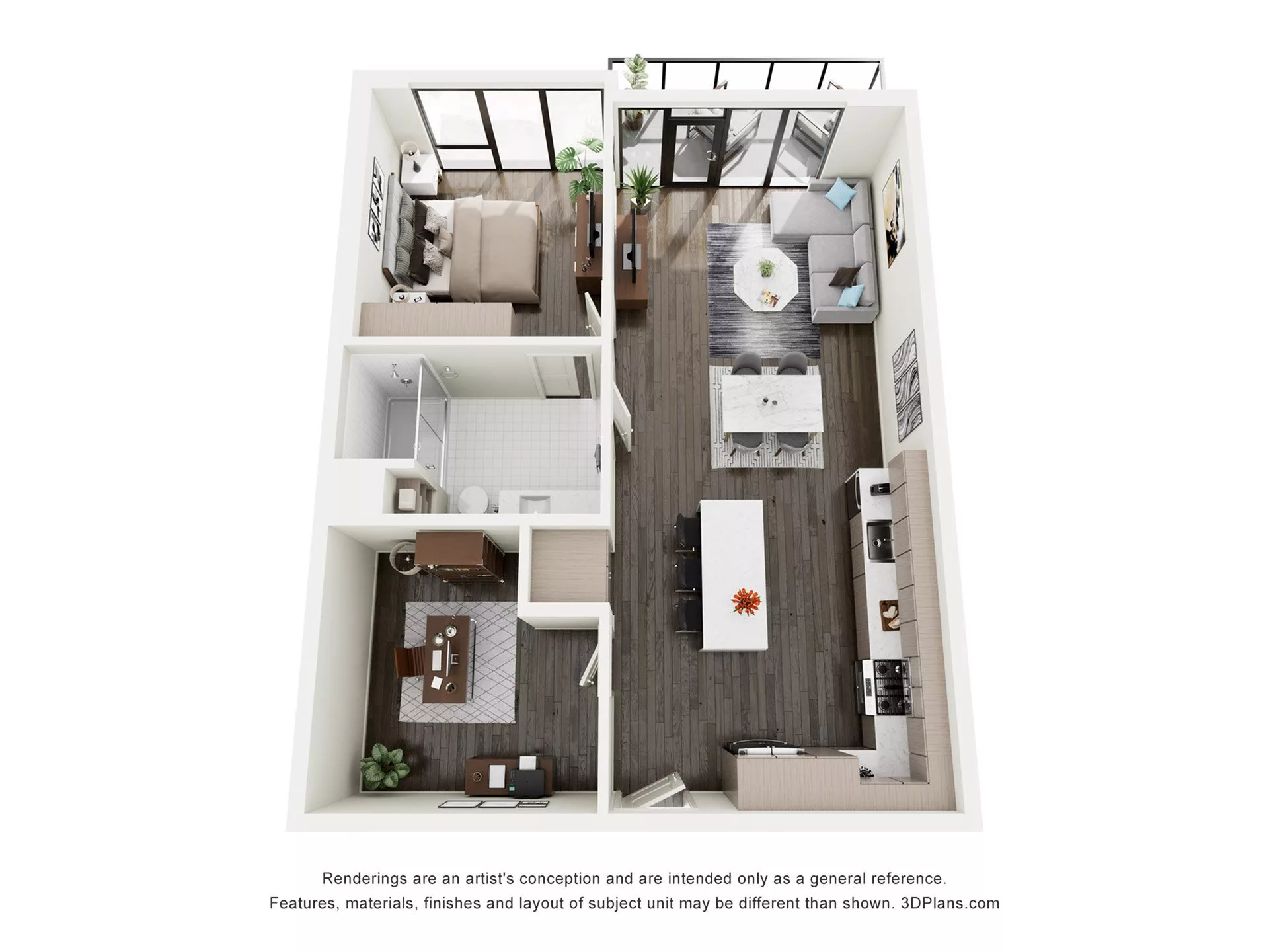 Rendering of the A2D floor plan with 1 bedroom[s] and 1 bathroom[s] at The Lindley
