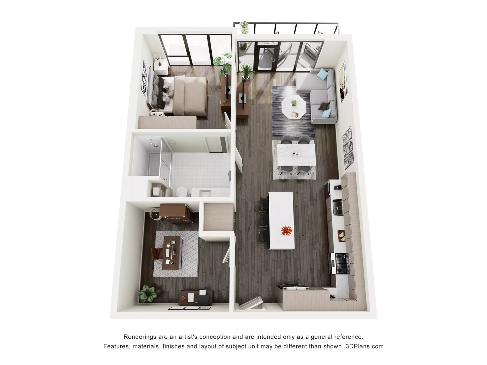Rendering of the A2D floor plan with 1 bedroom[s] and 1 bathroom[s] at The Lindley