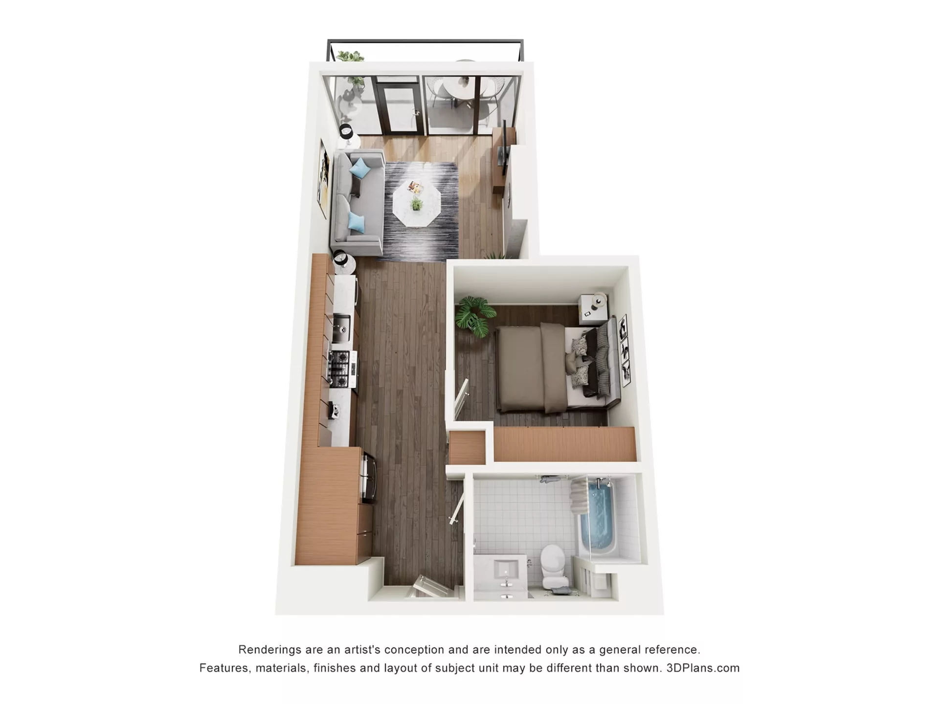 Rendering of the S2D floor plan with a Studio bedroom and 1 bathroom[s] at The Lindley