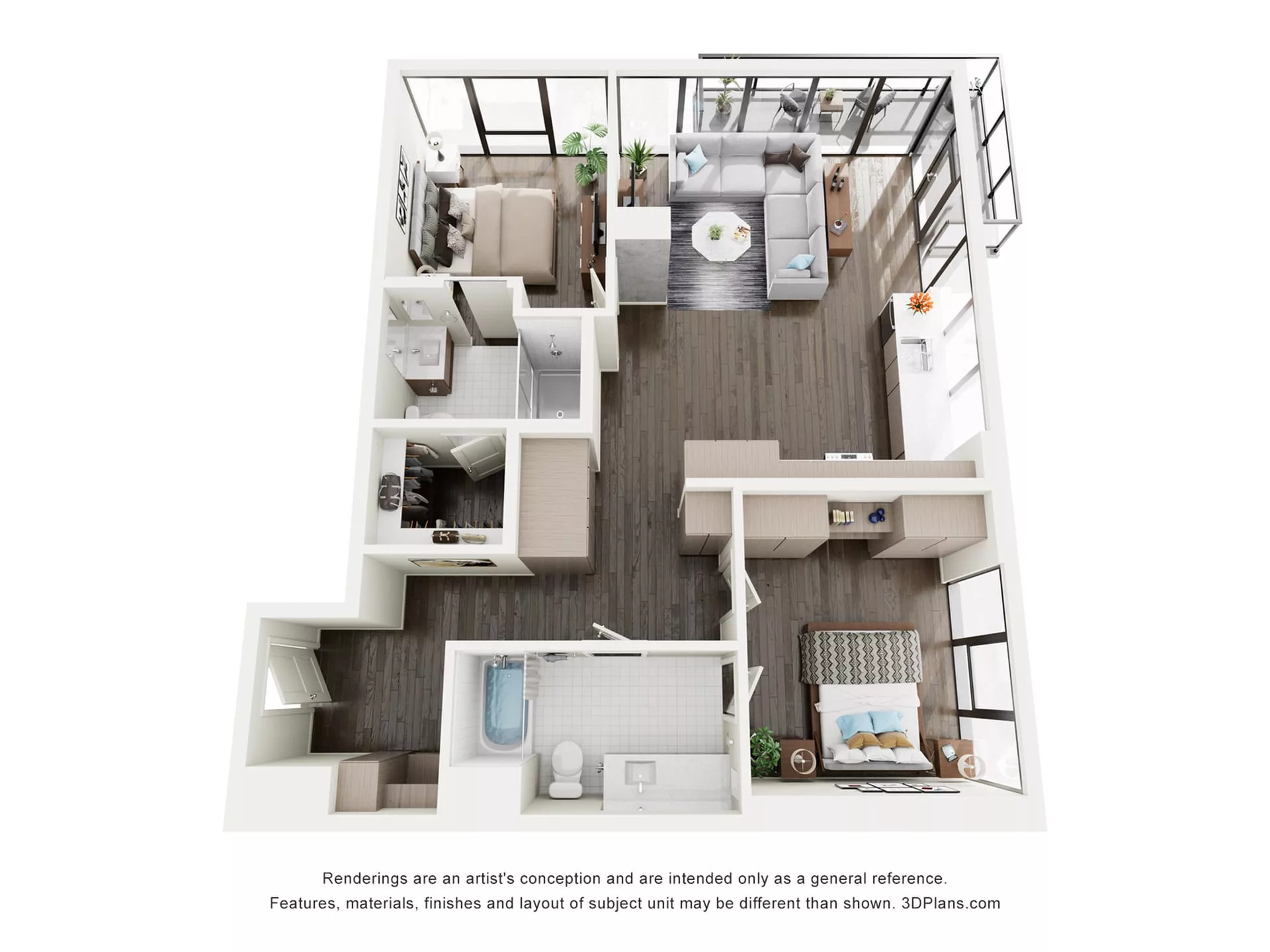 Rendering of the B3 floor plan with 2 bedroom[s] and 2 bathroom[s] at The Lindley