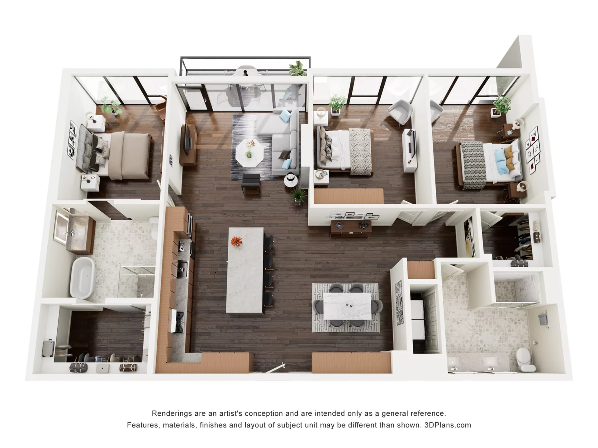 Rendering of the C1PH floor plan with 3 bedroom[s] and 2 bathroom[s] at The Lindley
