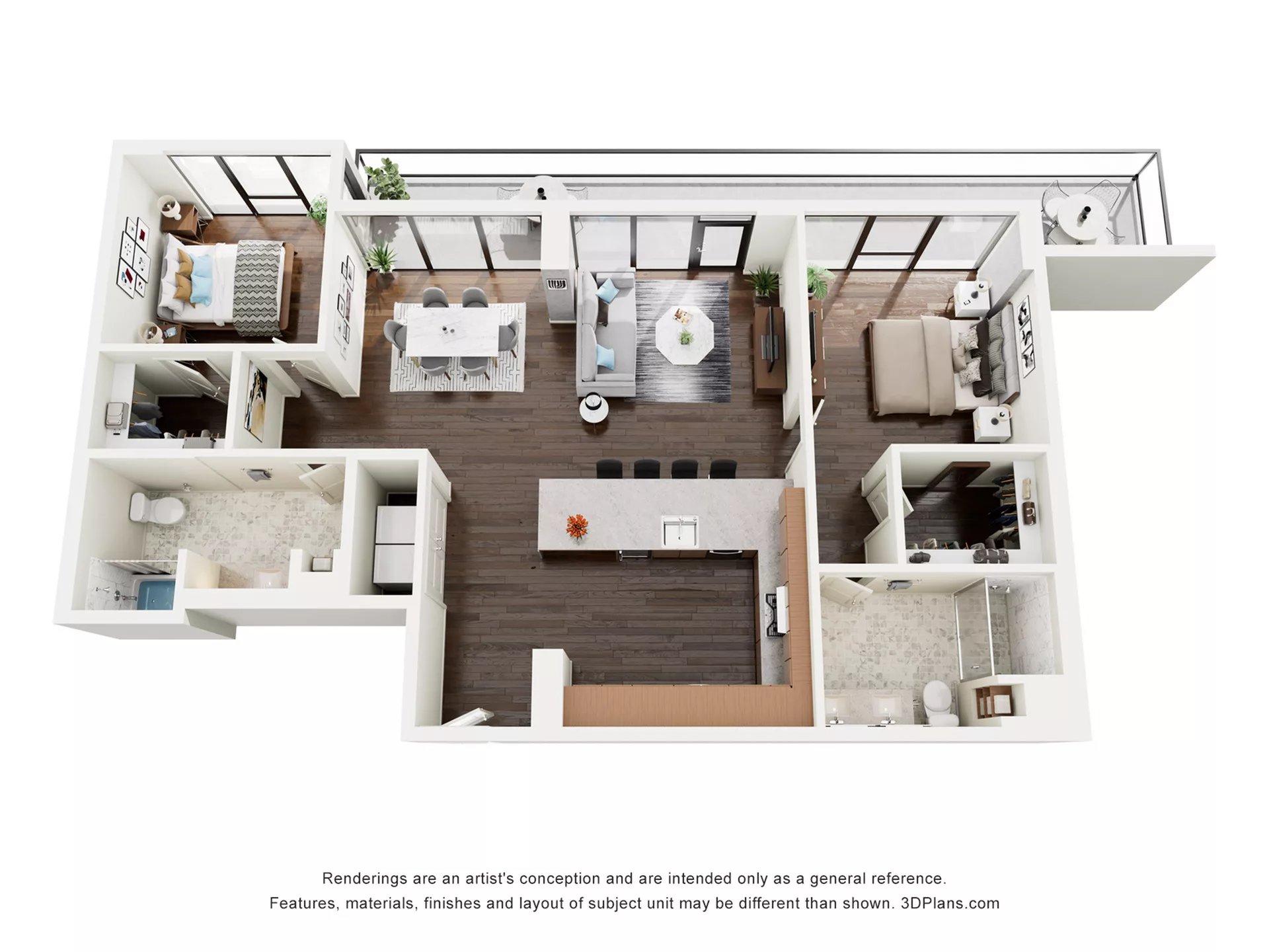 Rendering of the B3PH floor plan with 2 bedroom[s] and 2 bathroom[s] at The Lindley