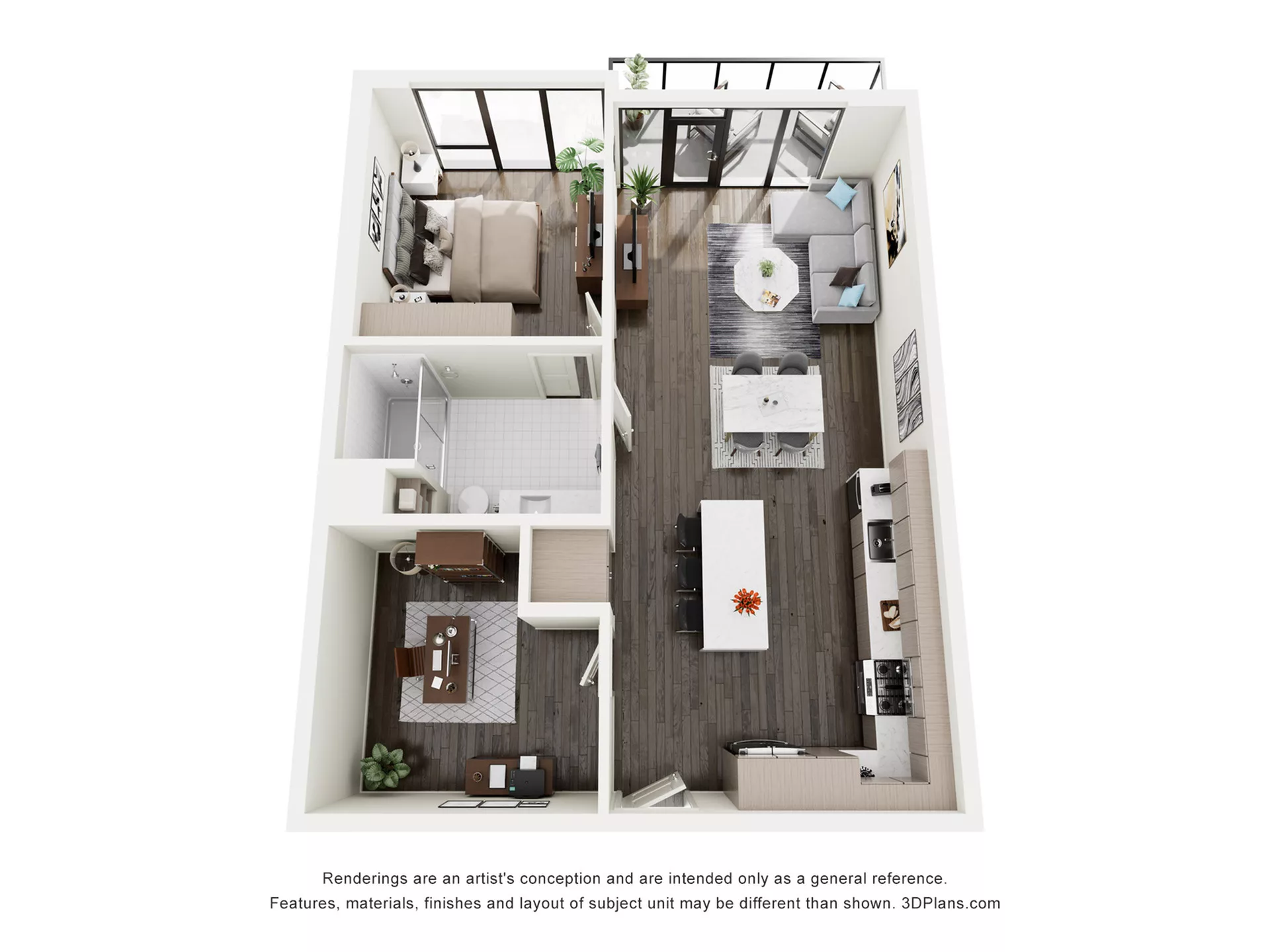 Rendering of the A2D floor plan with 1 bedroom[s] and 1 bathroom[s] at The Lindley