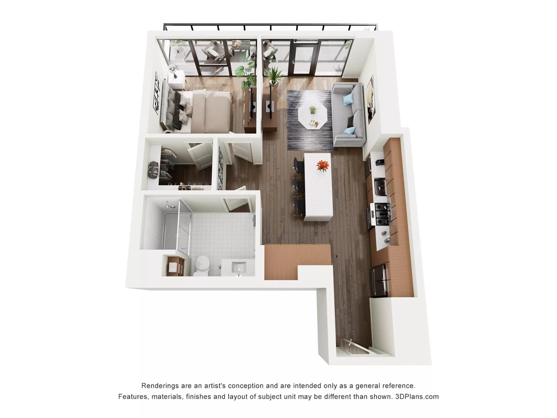 Rendering of the A1 floor plan with 1 bedroom[s] and 1 bathroom[s] at The Lindley