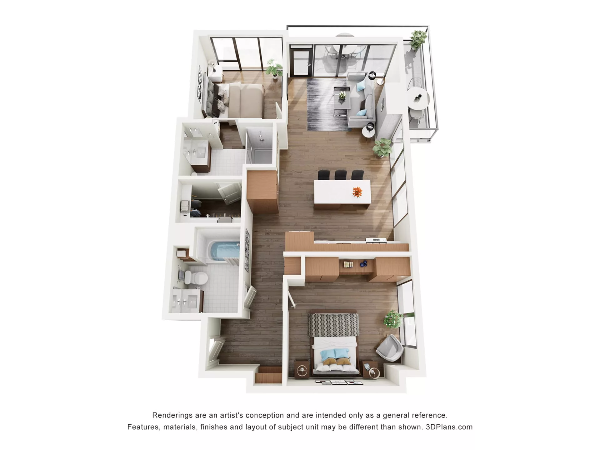Rendering of the B1 floor plan with 2 bedroom[s] and 2 bathroom[s] at The Lindley
