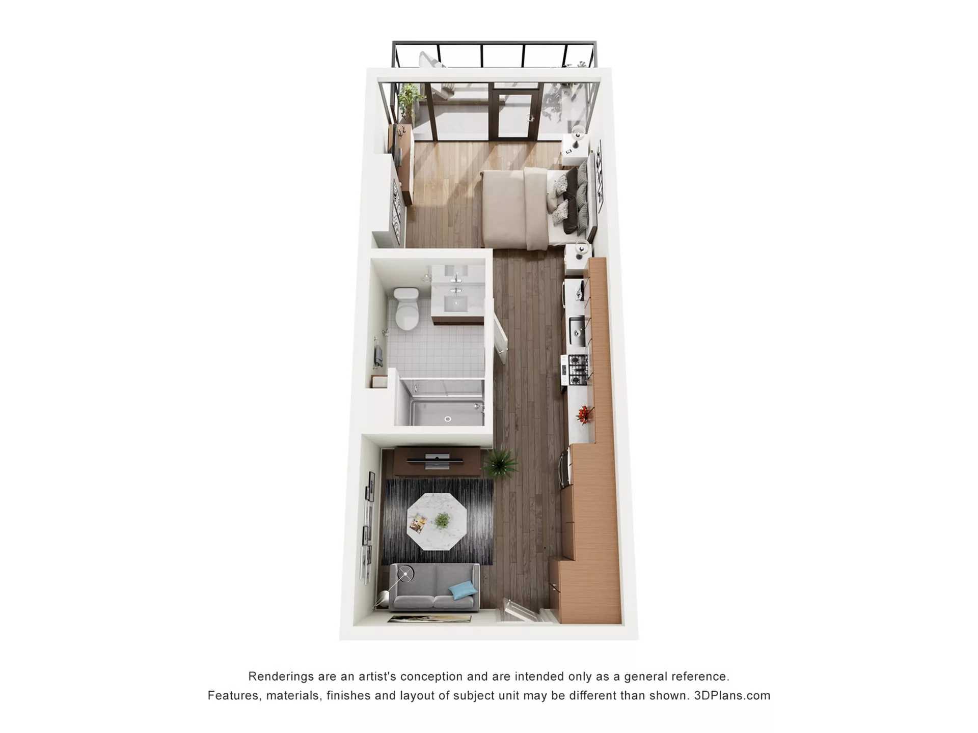 Rendering of the S2 floor plan with a Studio bedroom and 1 bathroom[s] at The Lindley