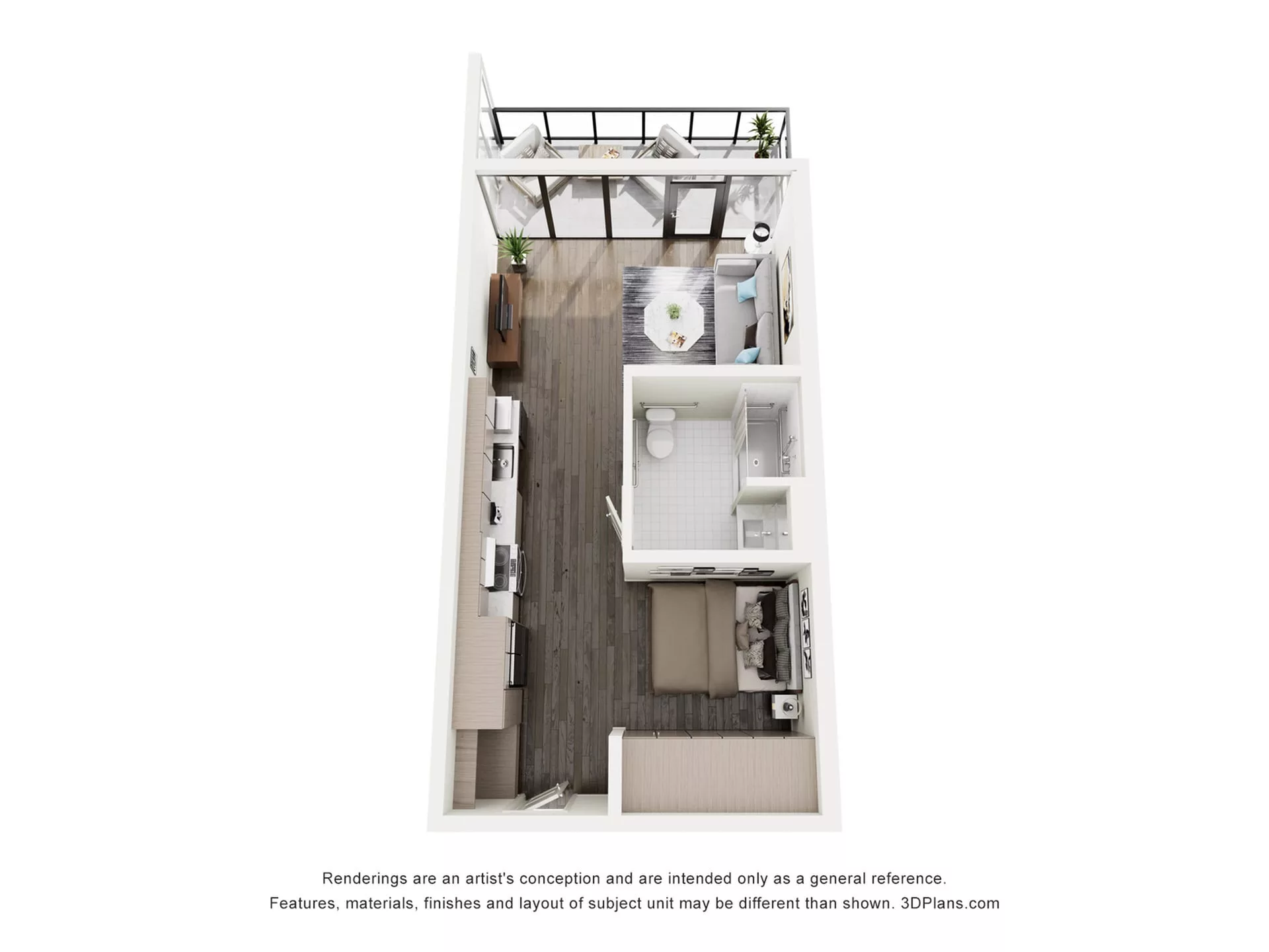 Rendering of the S3D floor plan with a Studio bedroom and 1 bathroom[s] at The Lindley