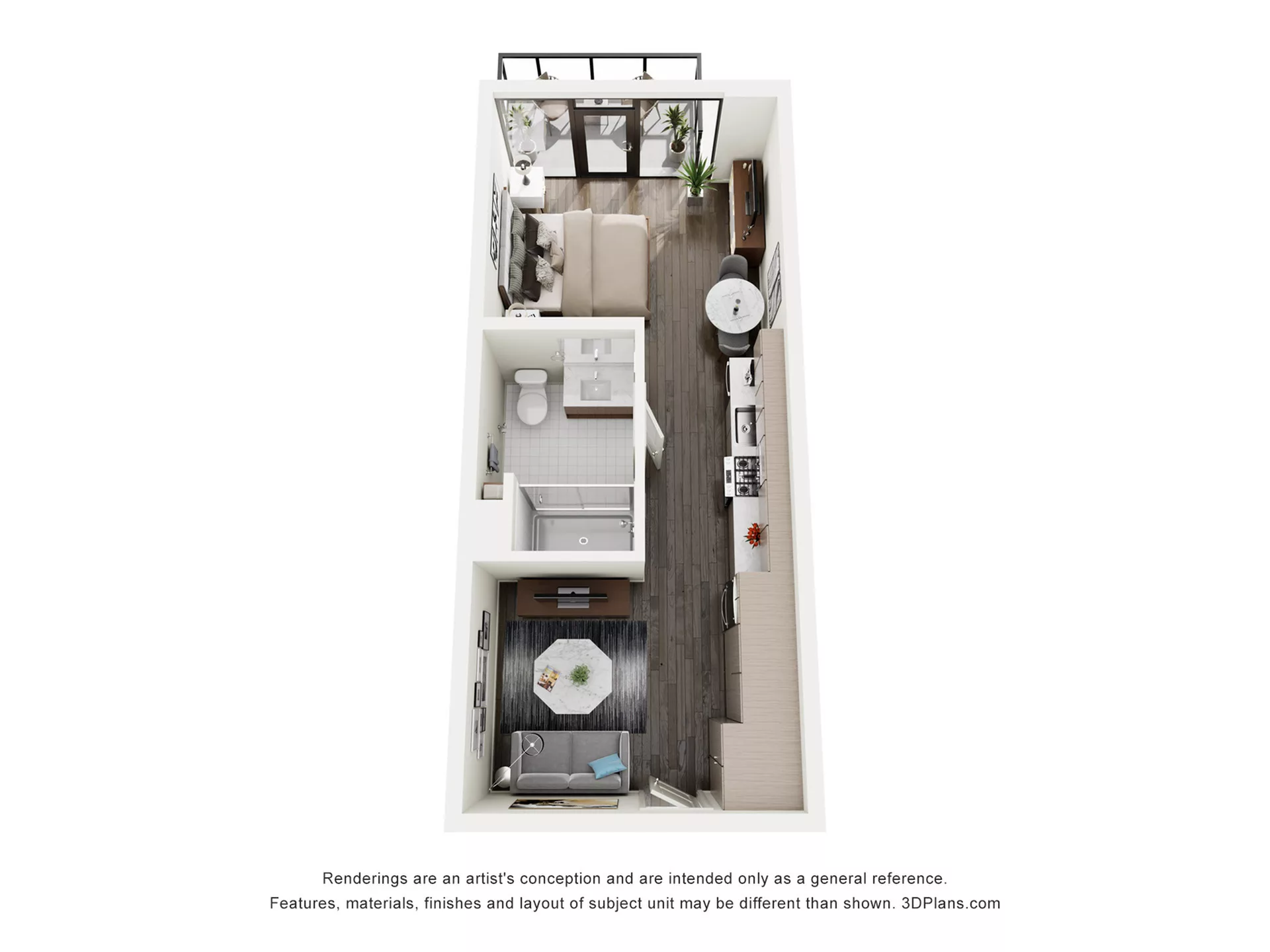 Rendering of the S1 floor plan with a Studio bedroom and 1 bathroom[s] at The Lindley