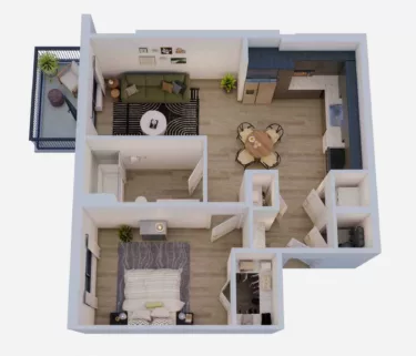 Rendering of the 1 Bed/1 Bath-A1J floor plan with 1 bedroom[s] and 1 bathroom[s] at Momentum Midtown