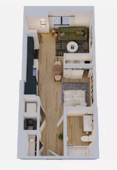 Rendering of the Studio-S1 floor plan with a Studio bedroom and 1 bathroom[s] at Momentum Midtown